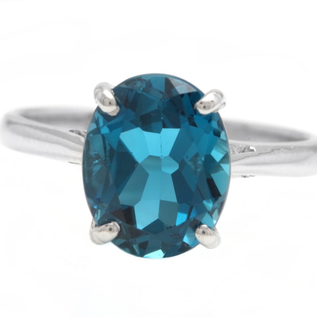 3.50 Carats Natural London Blue Topaz 14k Solid White Gold Ring